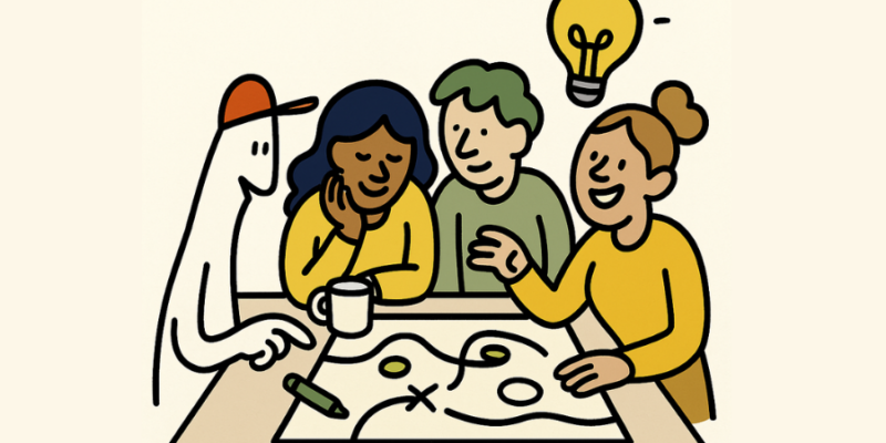 Personas reunidas definiendo el propósito de su red comunitaria en Helpbuttons